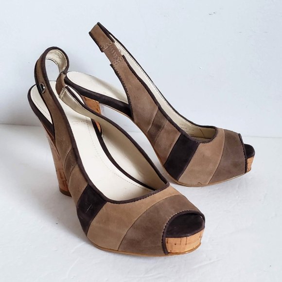 New CALVIN KLEIN Gracie Leather Striped Platform Peep Toe Heels Sandals - Picture 2 of 12